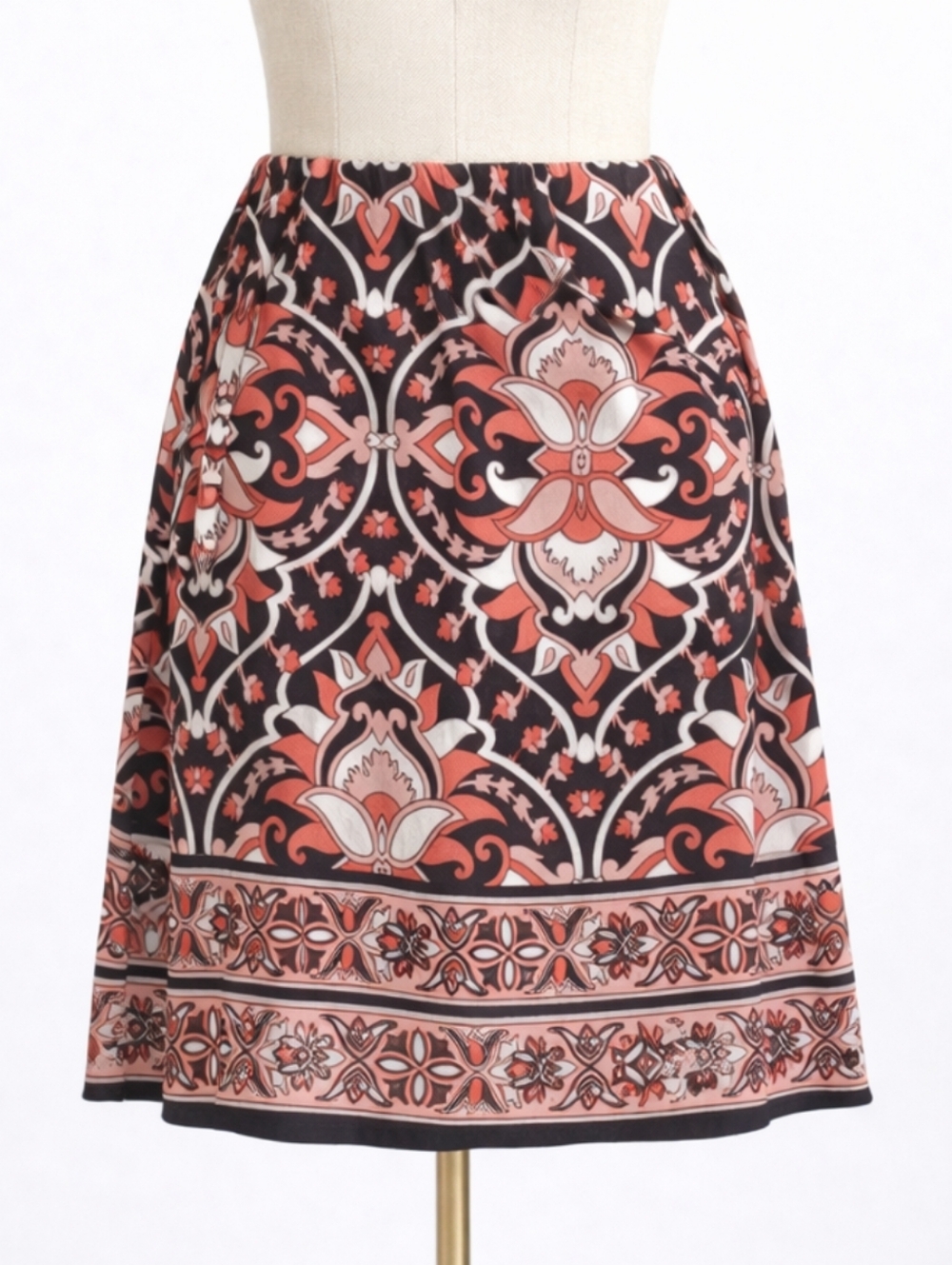 New York & Co Black Coral Paisley Floral Midi Skirt L Large Boho Workwear